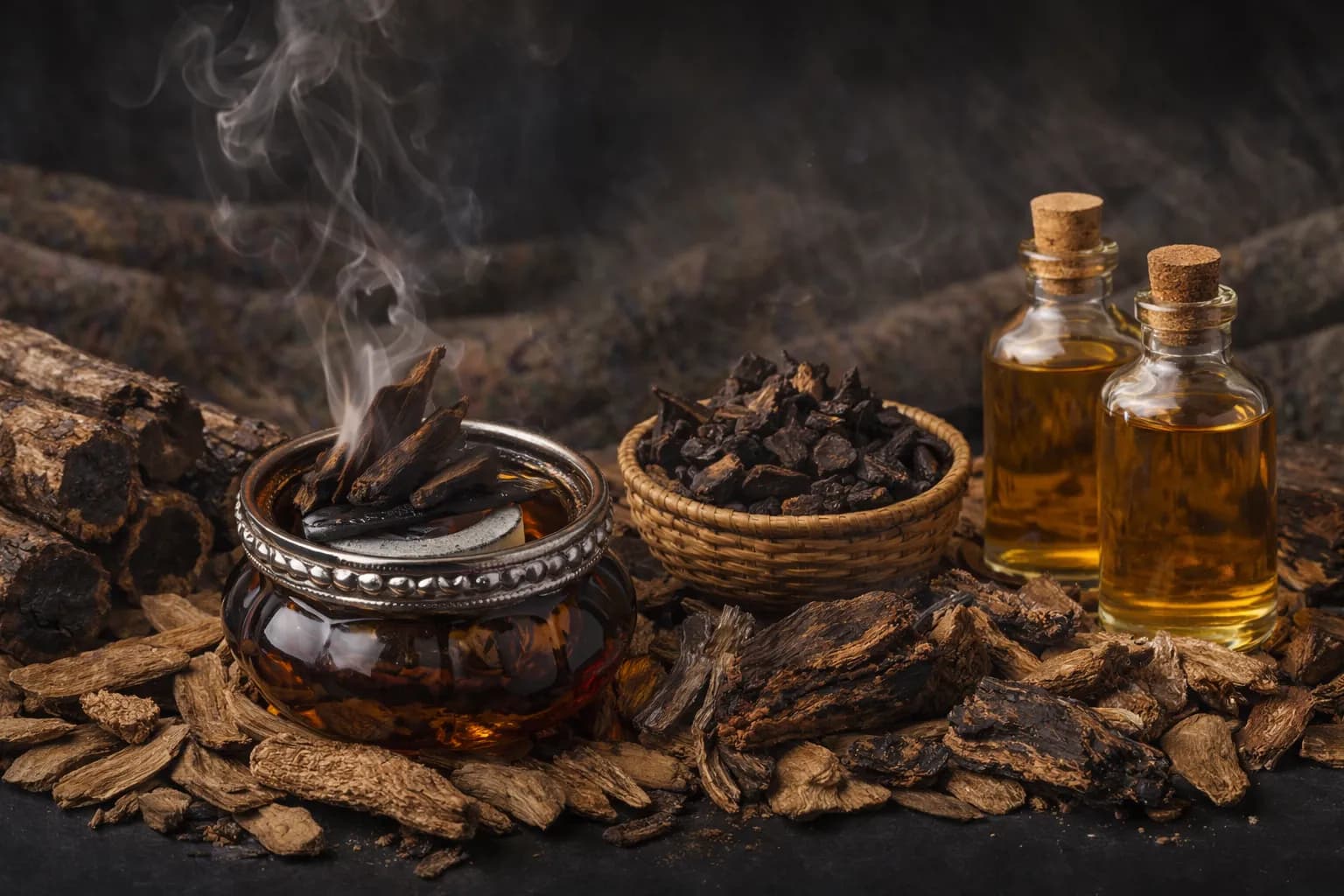 Resinous agarwood chips in baskets beside bottles of agarwood oil