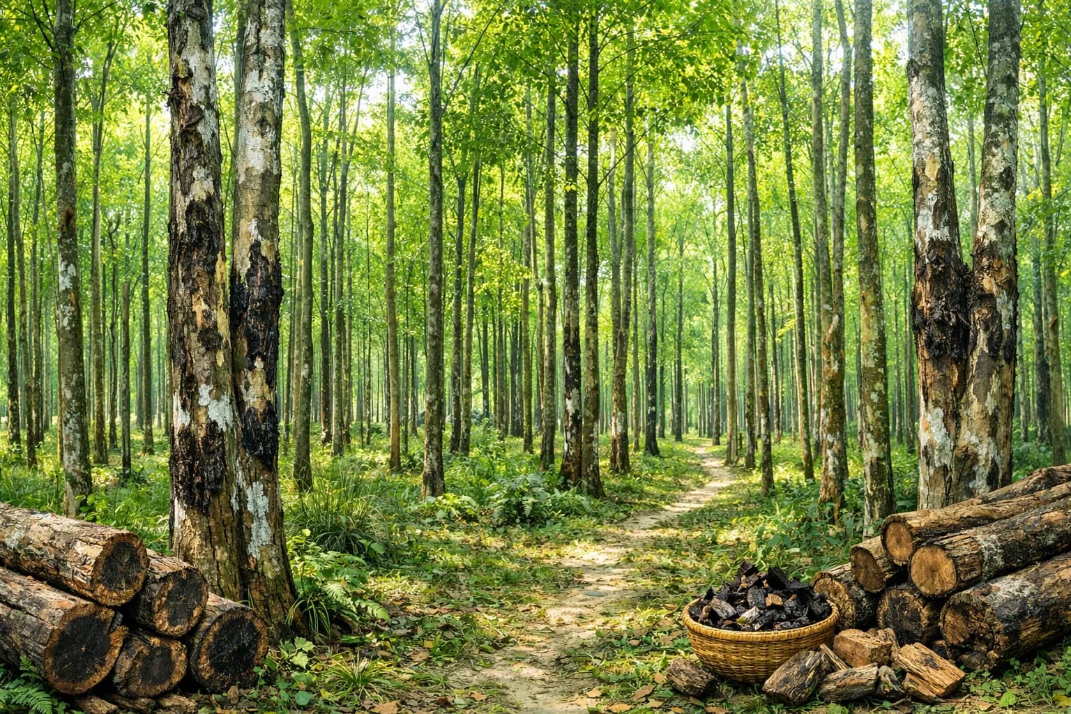 A plantation of tall agarwood trees with cut logs and baskets of agarwood chips