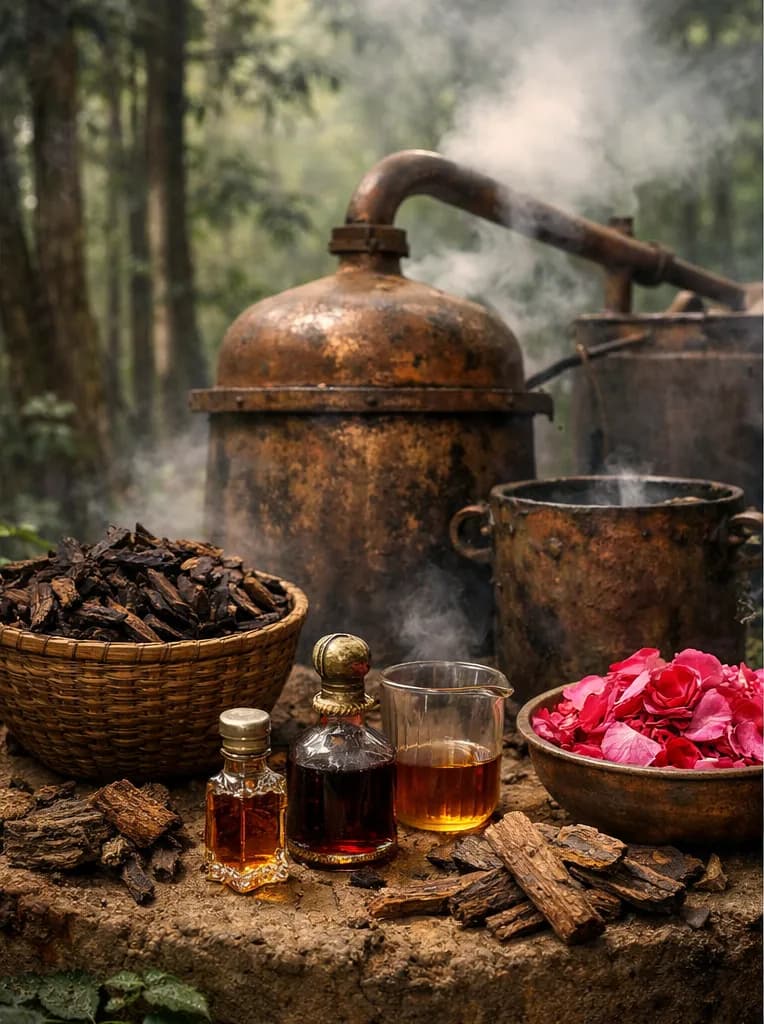 A copper distillation still beside baskets of agarwood chips and rose petals
