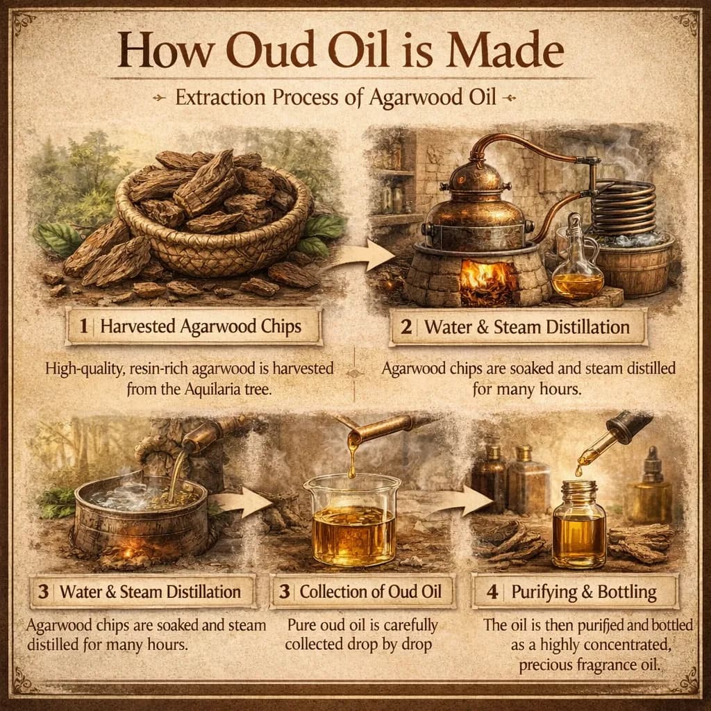 Illustrated steps of Oud oil production: harvested agarwood chips, water and steam distillation, collection of the oil, and bottling