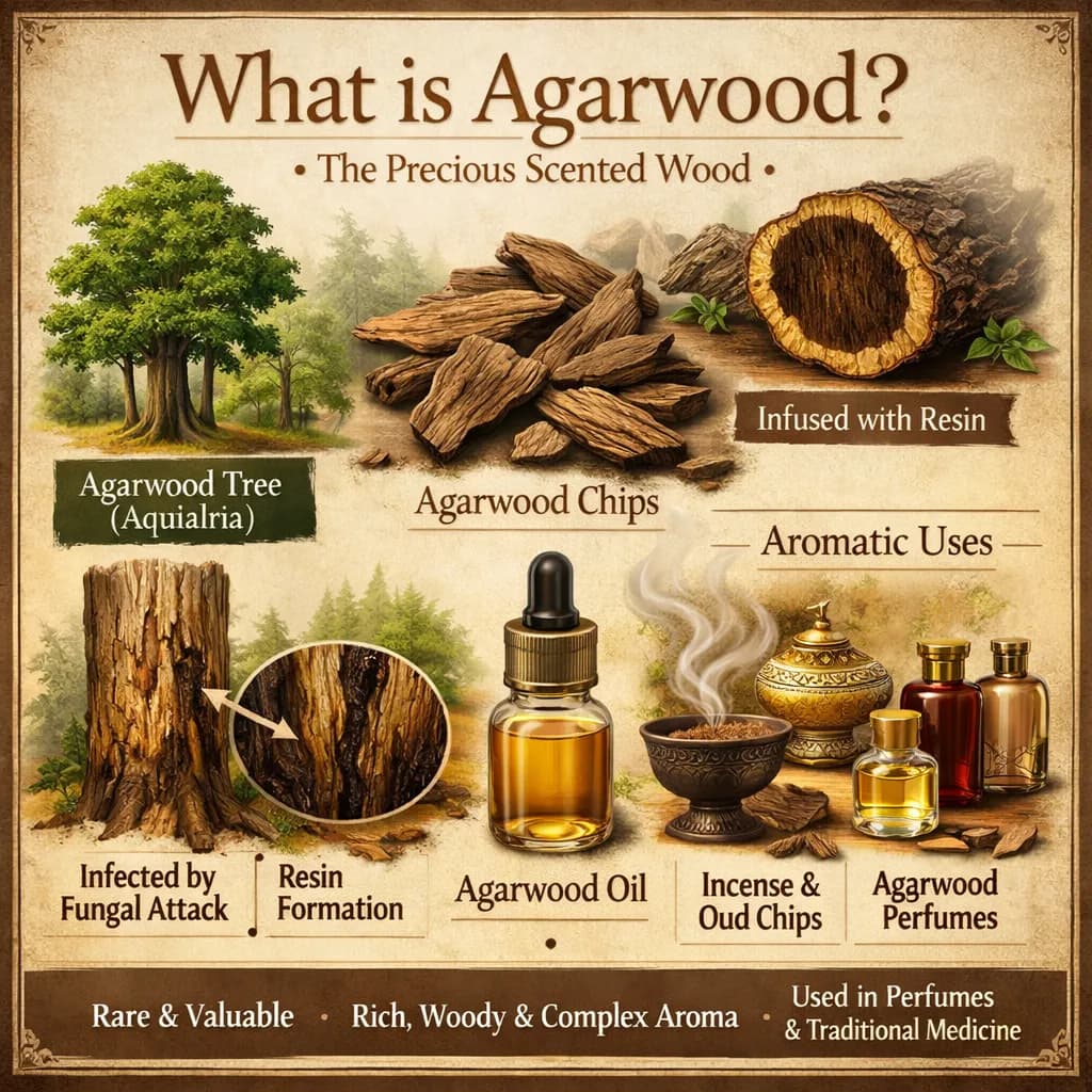 Illustrated guide to agarwood: the Aquilaria tree, resin formation, agarwood chips and agarwood oil