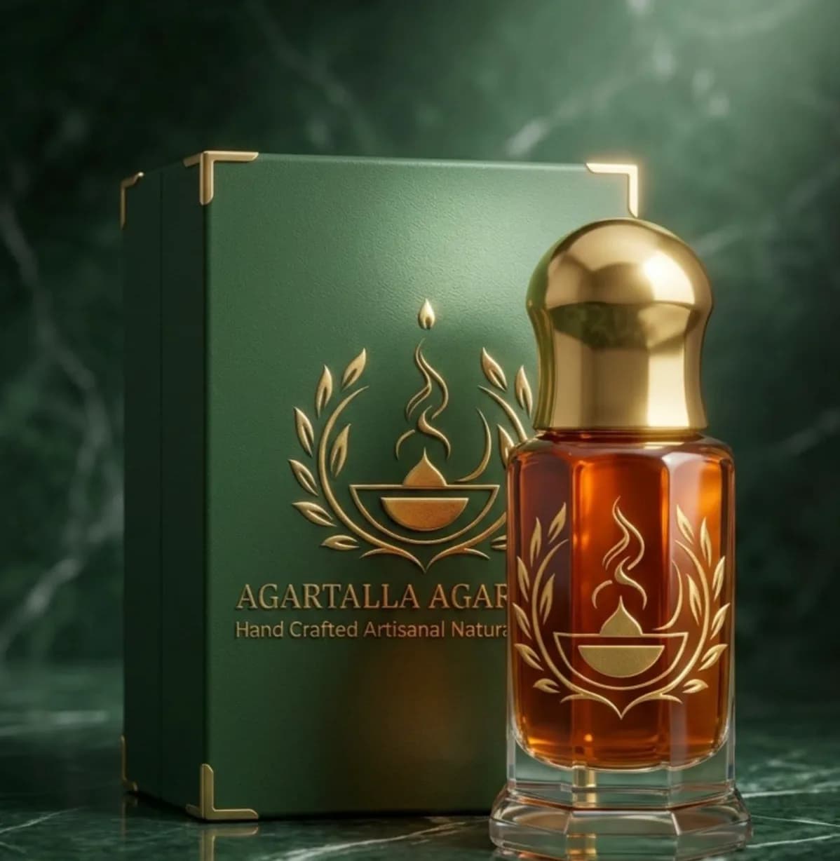 Agartalla Agarwood bottle of amber Oud oil beside its green presentation box