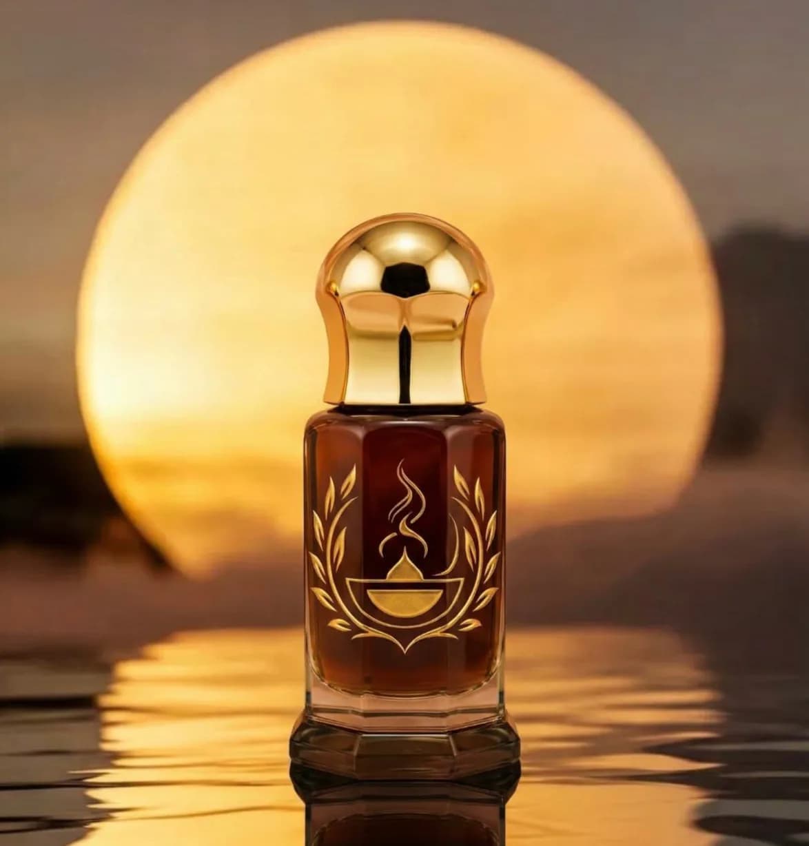 Agartalla Agarwood bottle of dark amber Rose Oud oil against a golden sunset