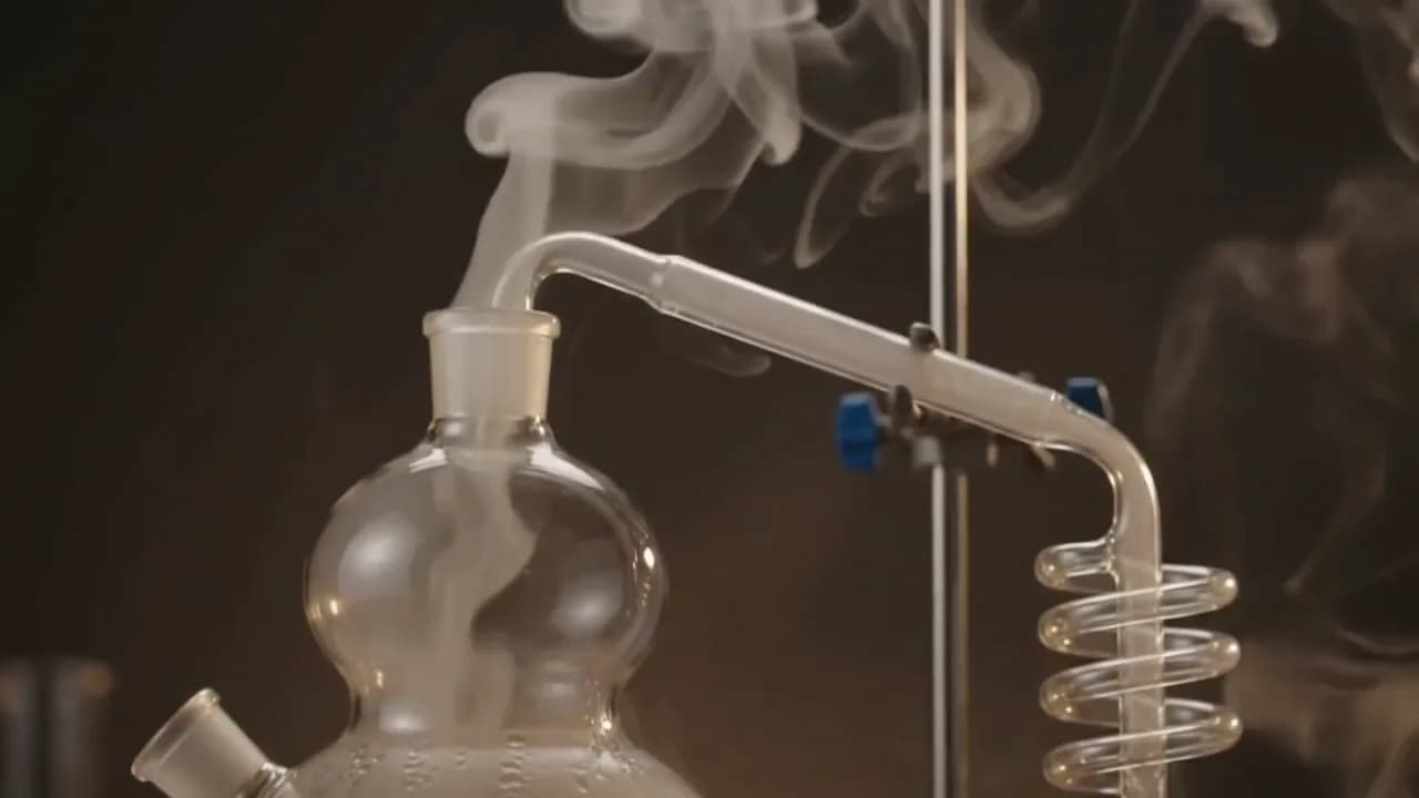 Glass distillation apparatus with agarwood pieces in the flask