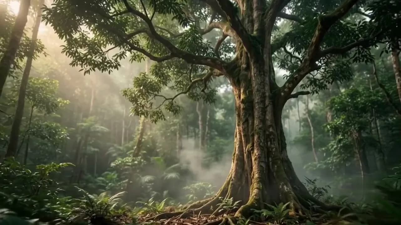 Sunlight filtering through mist around a great forest tree