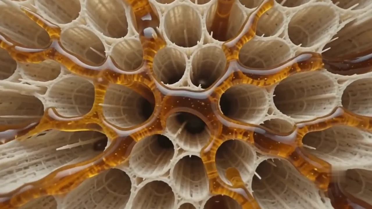 Macro view of amber resin filling the cells of pale wood
